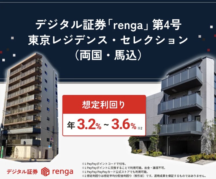 デジタル証券renga 第4号 東京レジデンス・セレクション(両国・馬込) 想定利回り年3.2〜3.6%