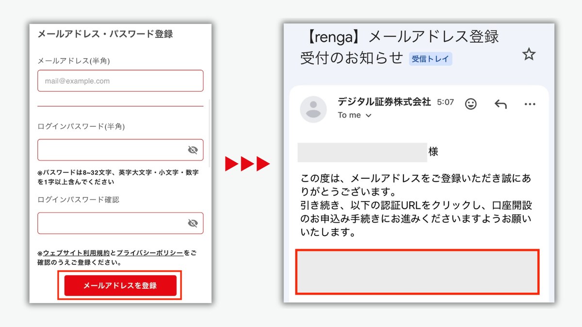 メールアドレスとパスワードを登録 受付のお知らせメール
