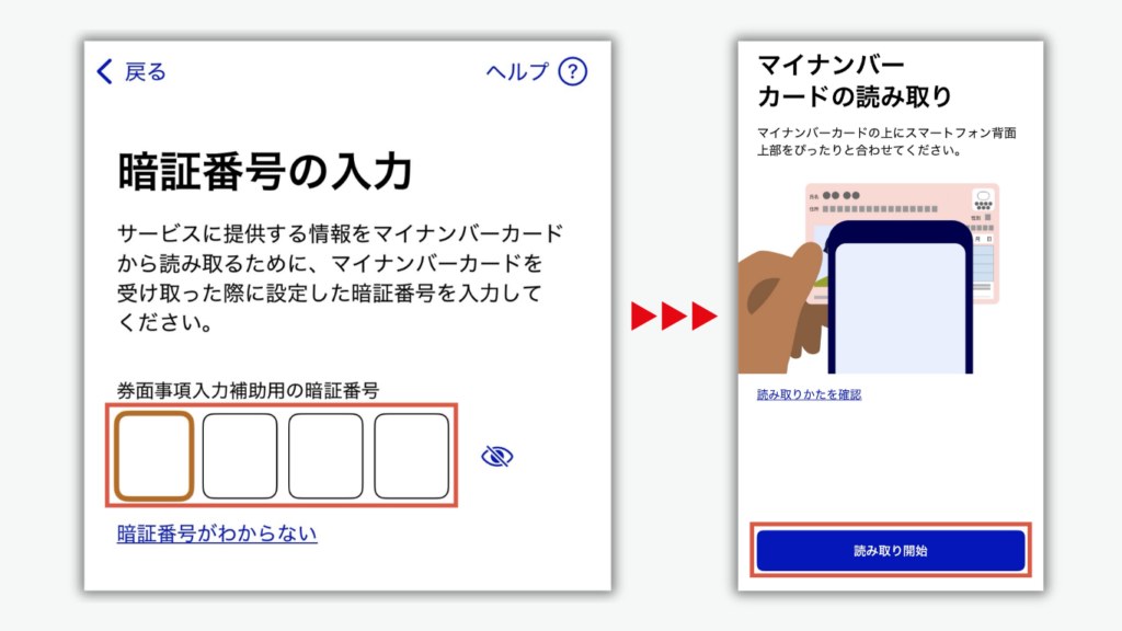 暗証番号の入力とマイナンバーカードの読み取り